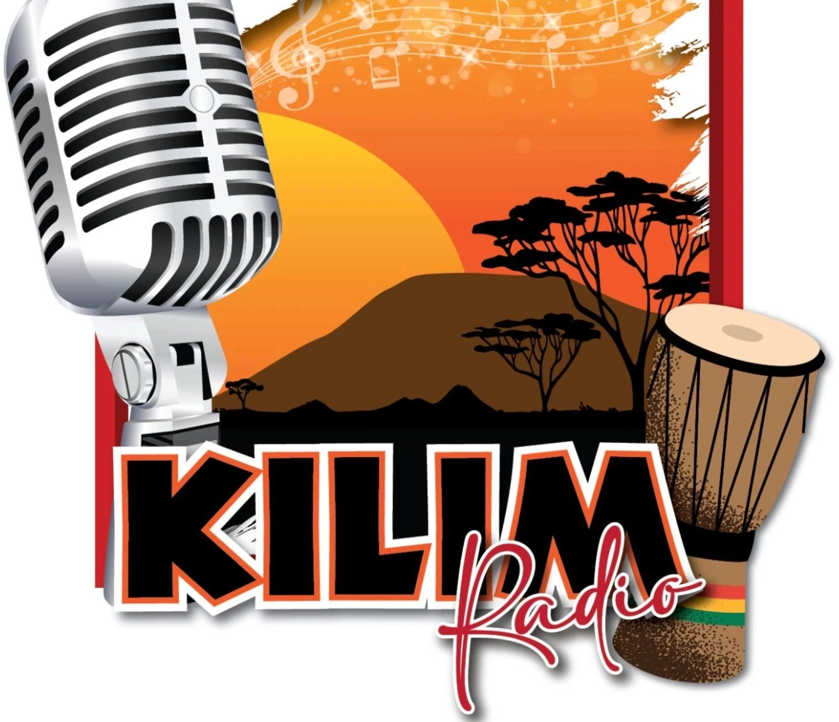 Microphone, drum, and "Kilim Radio" text are displayed over an African savannah landscape with a setting sun in the background. Musical notes appear above the scene.